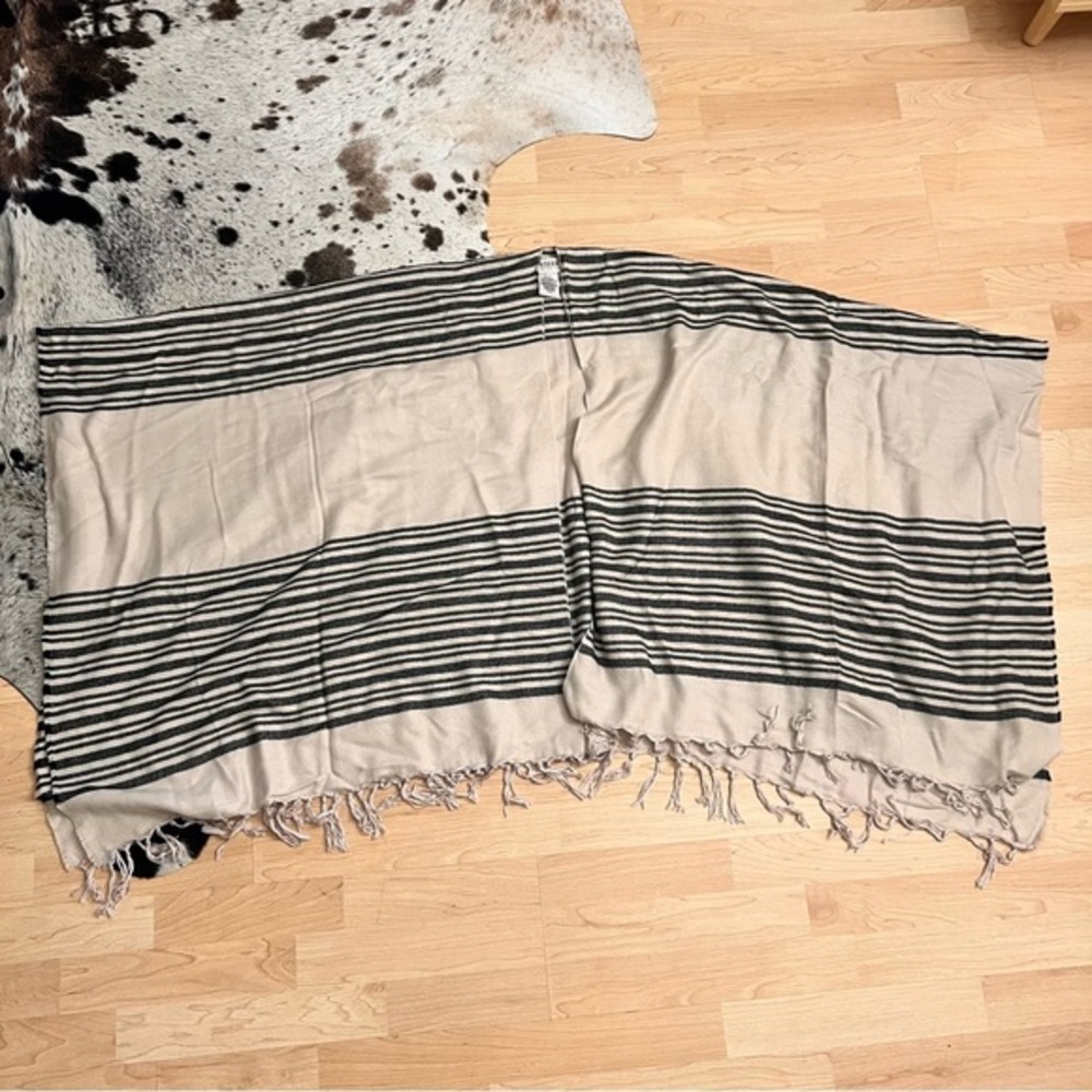 Shyanne Cream and Black Striped Lightweight Fringed Wrap Scarf